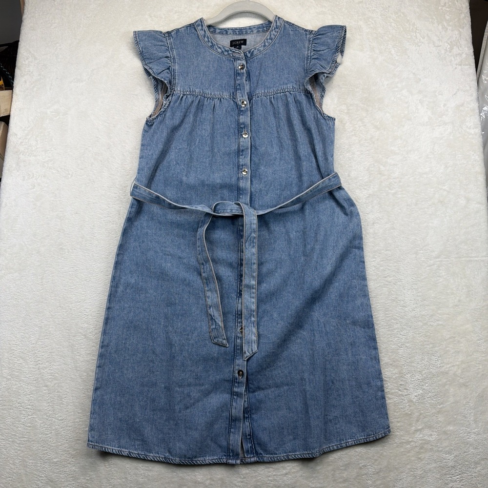 J Crew Denim Dress Women's 4 Blue Button Front Belted Midi Shirt Dress Cotton
